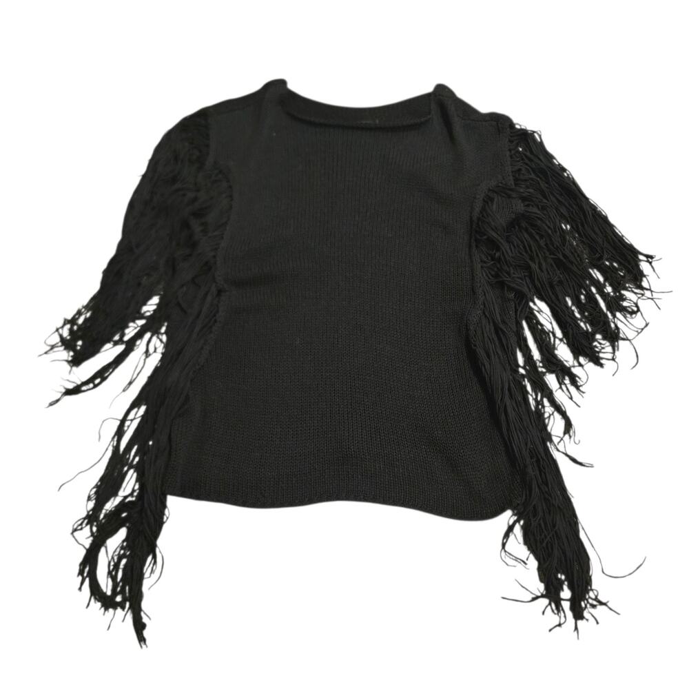 Indah Womens Black Boho Fringe Tunic Top Sweater S/M Beach Cover-up Loose Knit - Picture 2 of 7